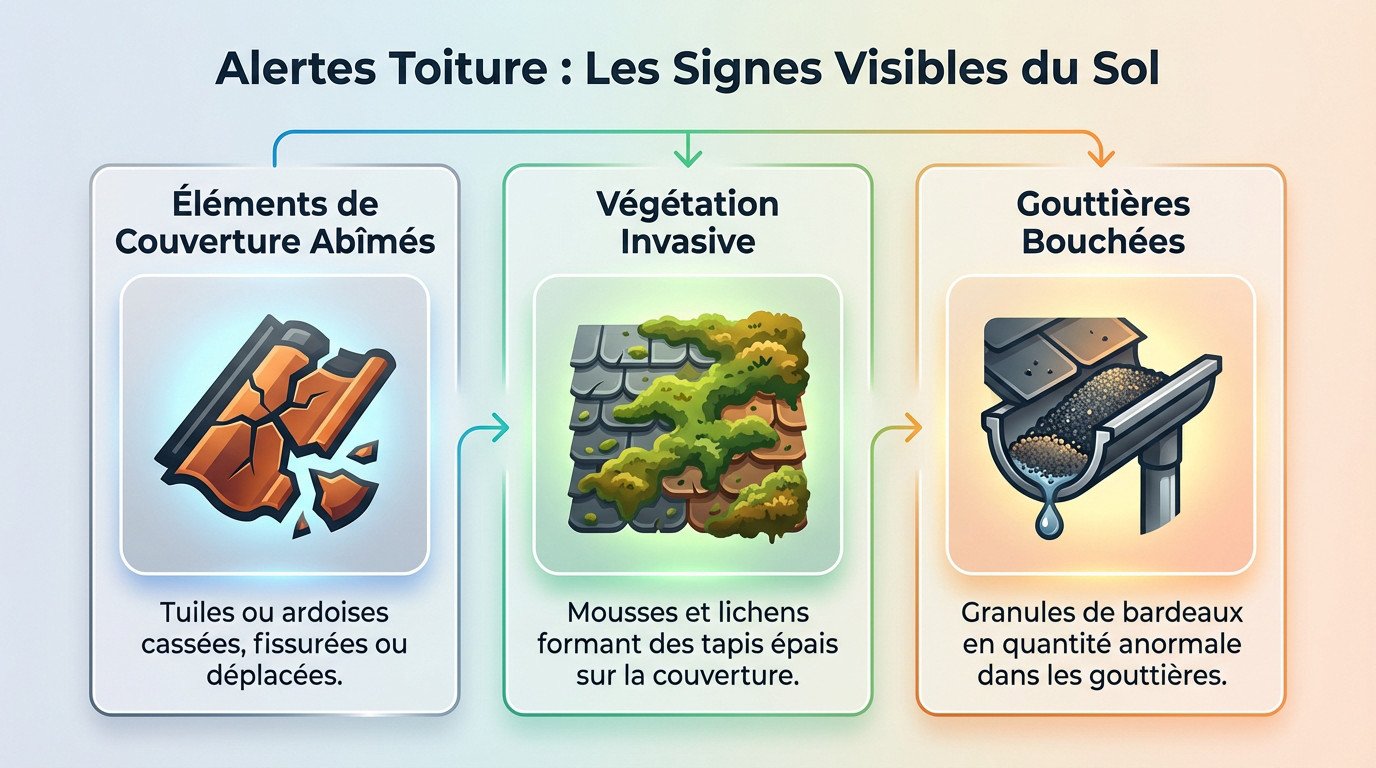 Inspection visuelle d'une toiture montrant des signes d'usure comme des tuiles cassées et de la mousse