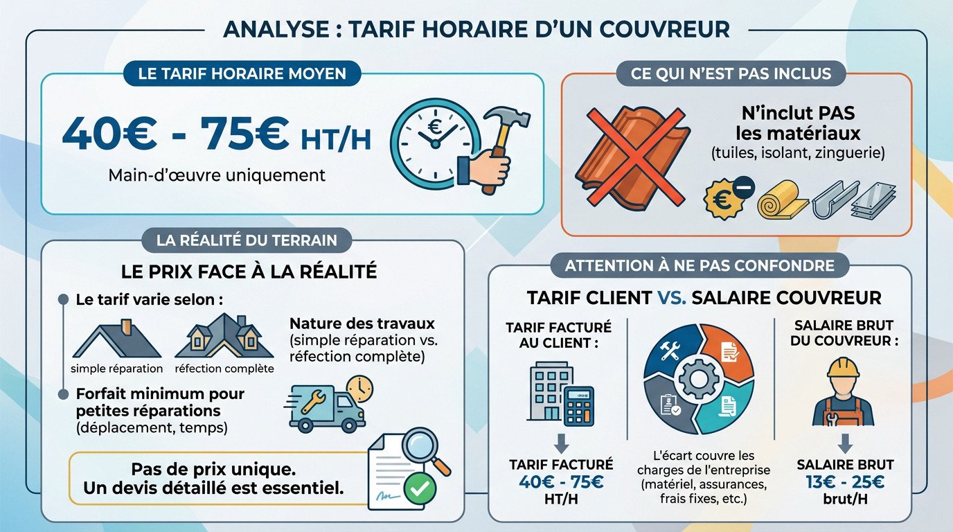Graphique illustrant la décomposition du tarif horaire d'un couvreur entre salaire et charges
