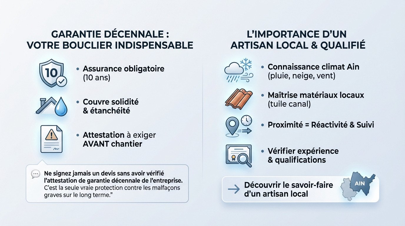 Artisan couvreur travaillant sur une toiture dans l'Ain, illustrant l'importance de la garantie décennale et de l'expertise locale