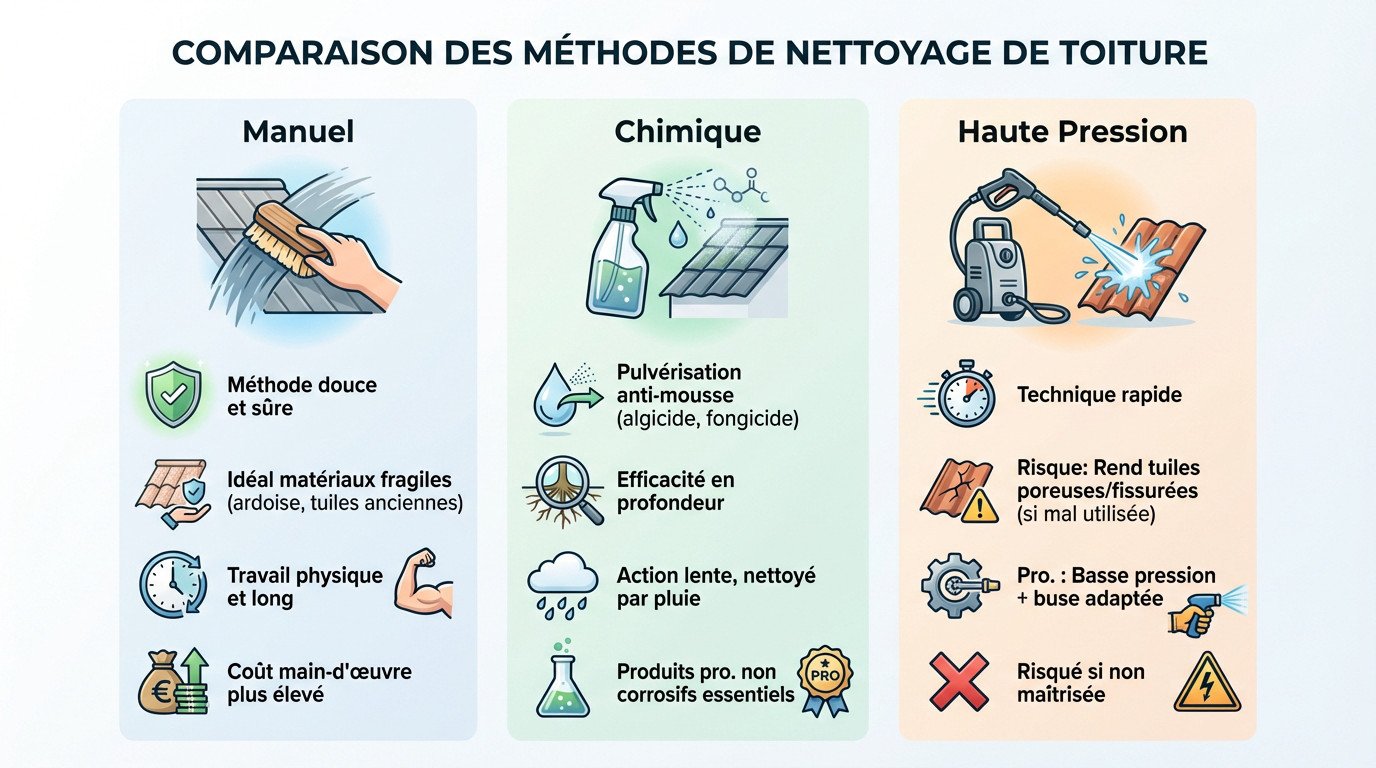 Comparaison visuelle des méthodes de nettoyage de toiture : manuel, chimique et haute pression