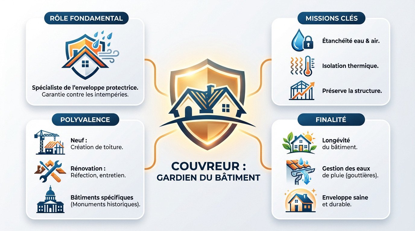 Couvreur professionnel travaillant sur l'étanchéité et l'isolation d'une toiture en tuiles