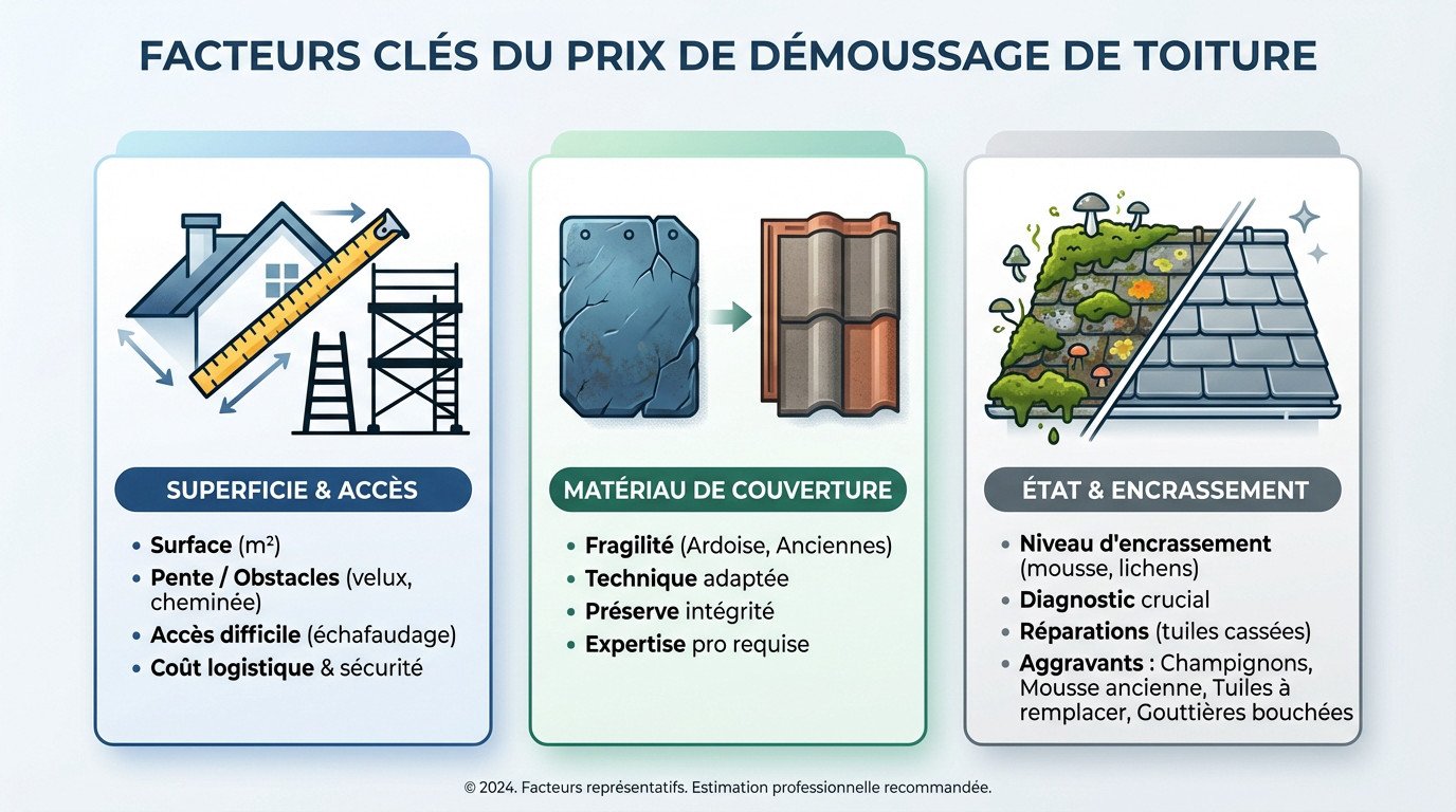 Couvreur professionnel évaluant le prix d'un démoussage de toiture selon l'état et l'accès