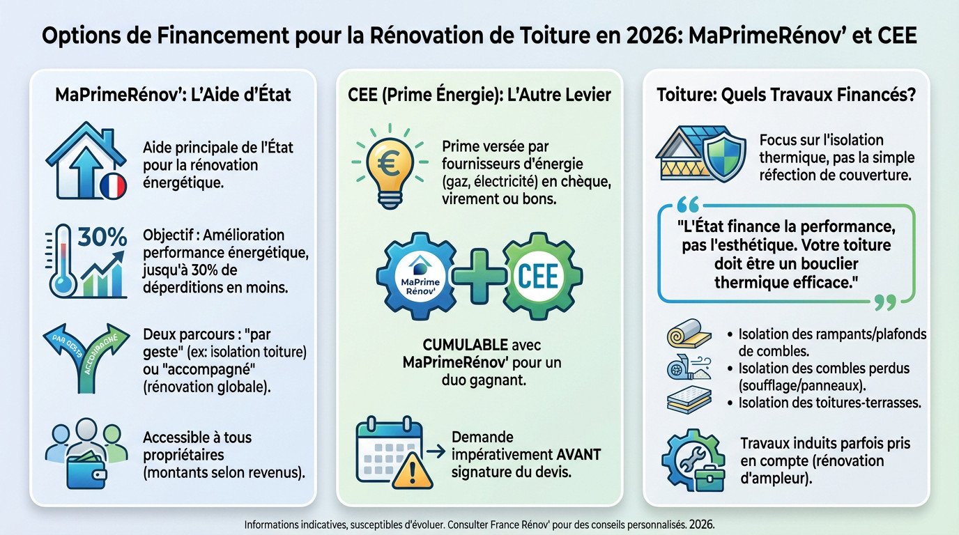 Financement rénovation toiture 2026 MaPrimeRénov' et CEE