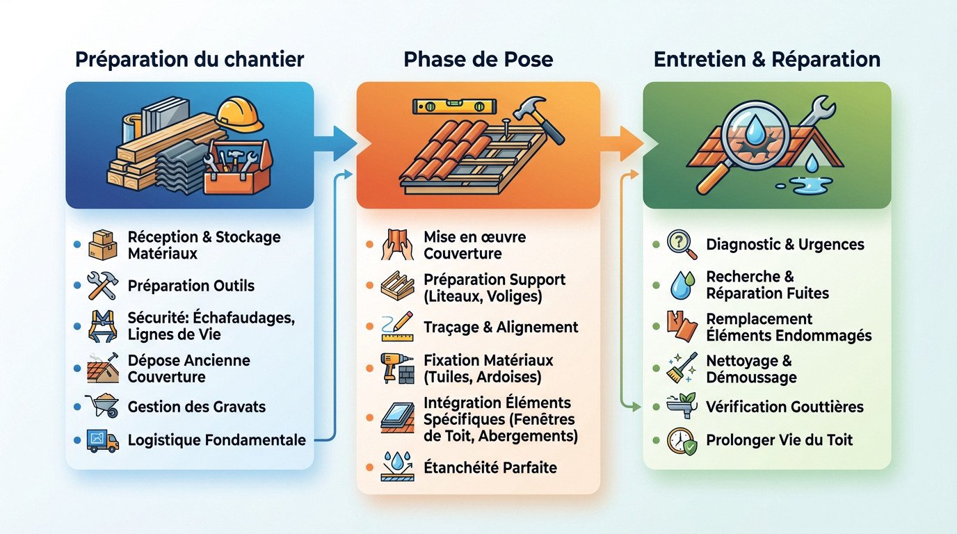 Couvreur professionnel effectuant des travaux de réparation et d'entretien sur une toiture en tuiles