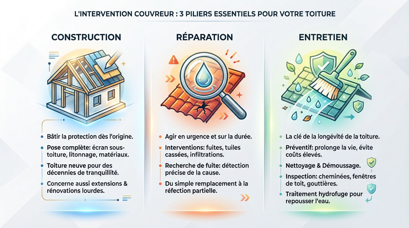 Couvreur professionnel réalisant une intervention sur une toiture en pente