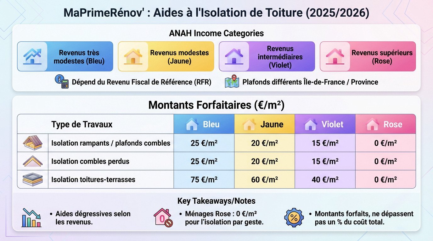 Tableau récapitulatif des aides MaPrimeRénov' pour l'isolation de toiture en 2025 et 2026