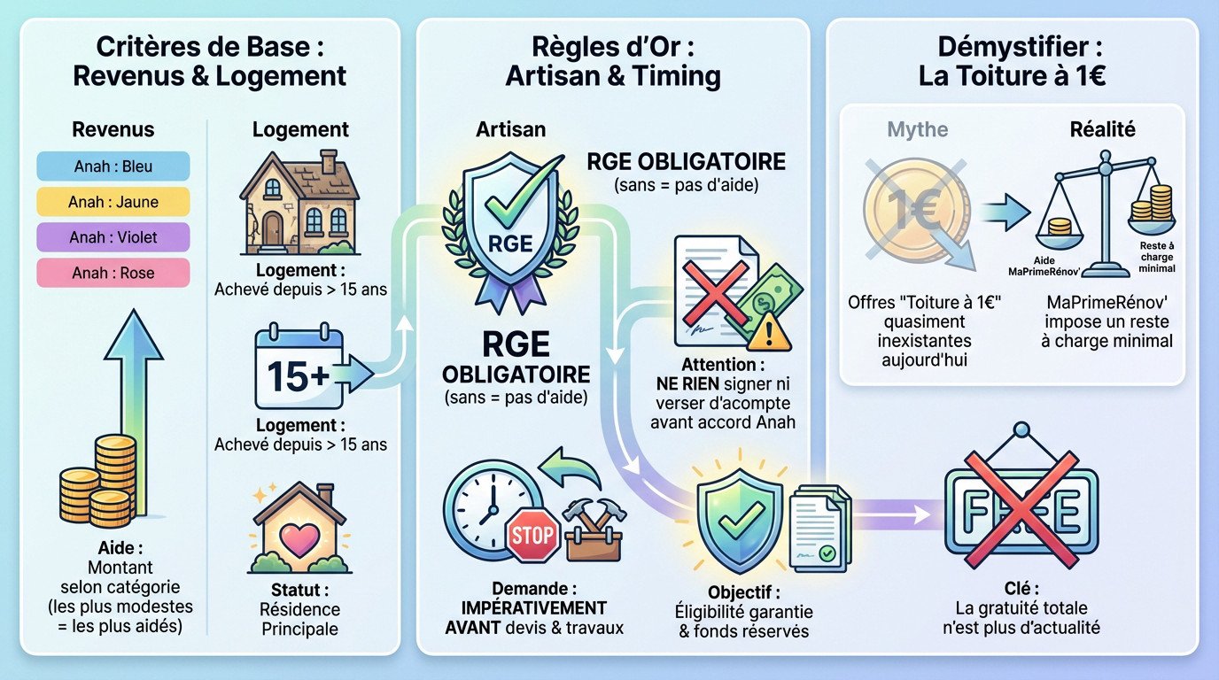Schéma explicatif du parcours d'éligibilité pour les aides Anah et MaPrimeRénov'