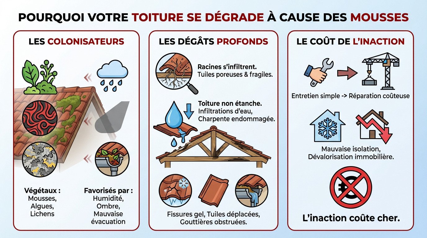 Dégâts causés par la mousse et les lichens sur une toiture en tuiles