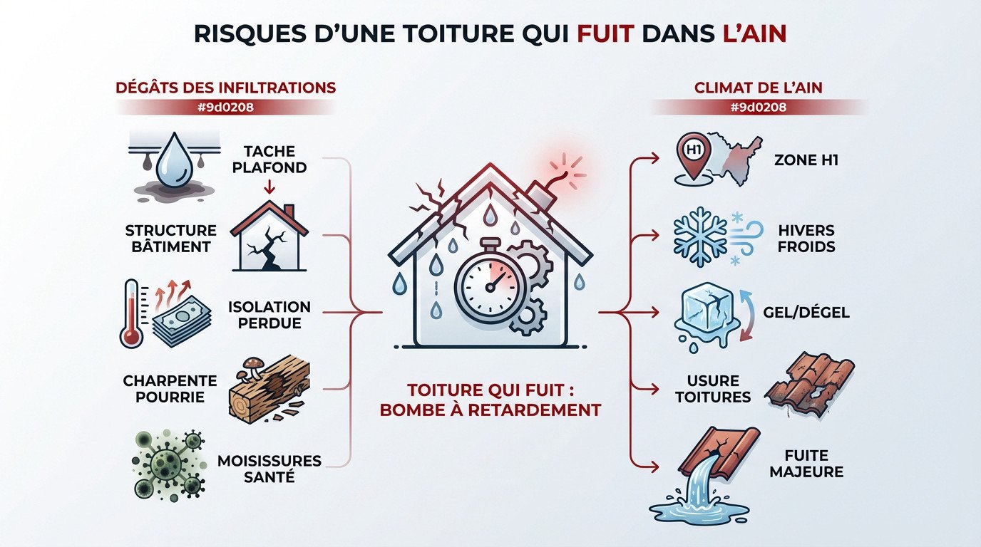 Dégâts des eaux sur une charpente en bois suite à une infiltration de toiture dans l'Ain