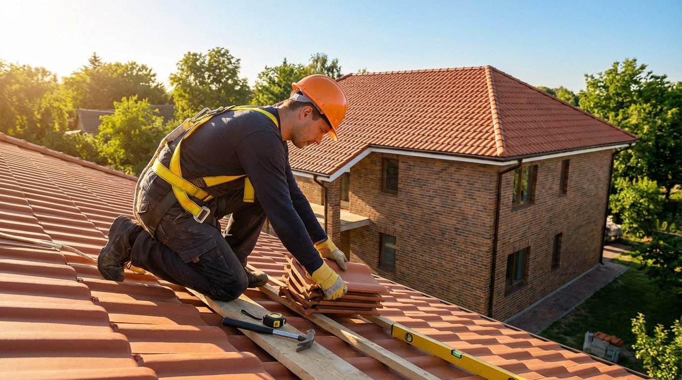 couvreur travail sur tuile