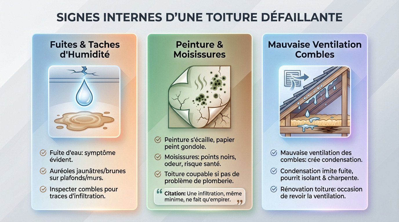 Infiltration d'eau au plafond et peinture écaillée, signes d'une toiture à rénover