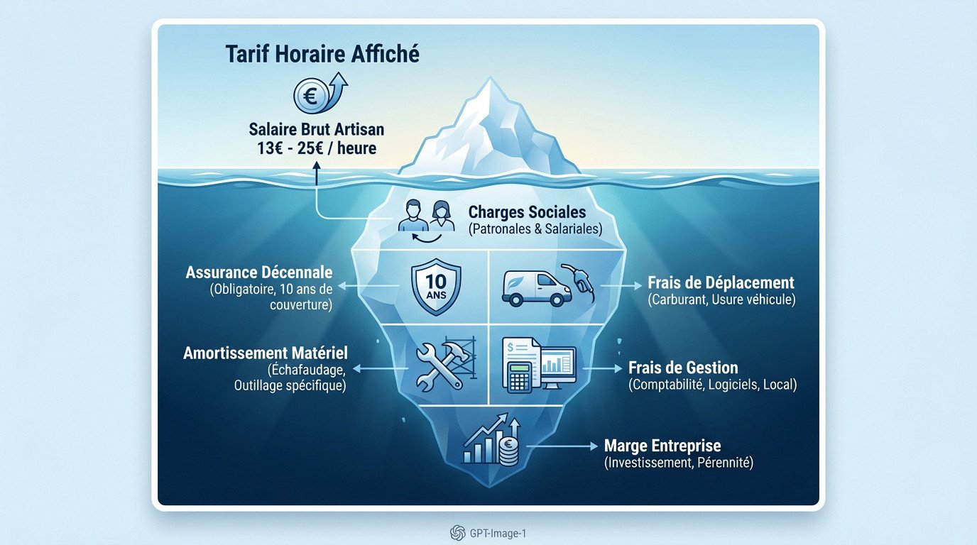 Schéma explicatif de la décomposition du tarif horaire d'un artisan couvreur montrant les charges et le salaire réel