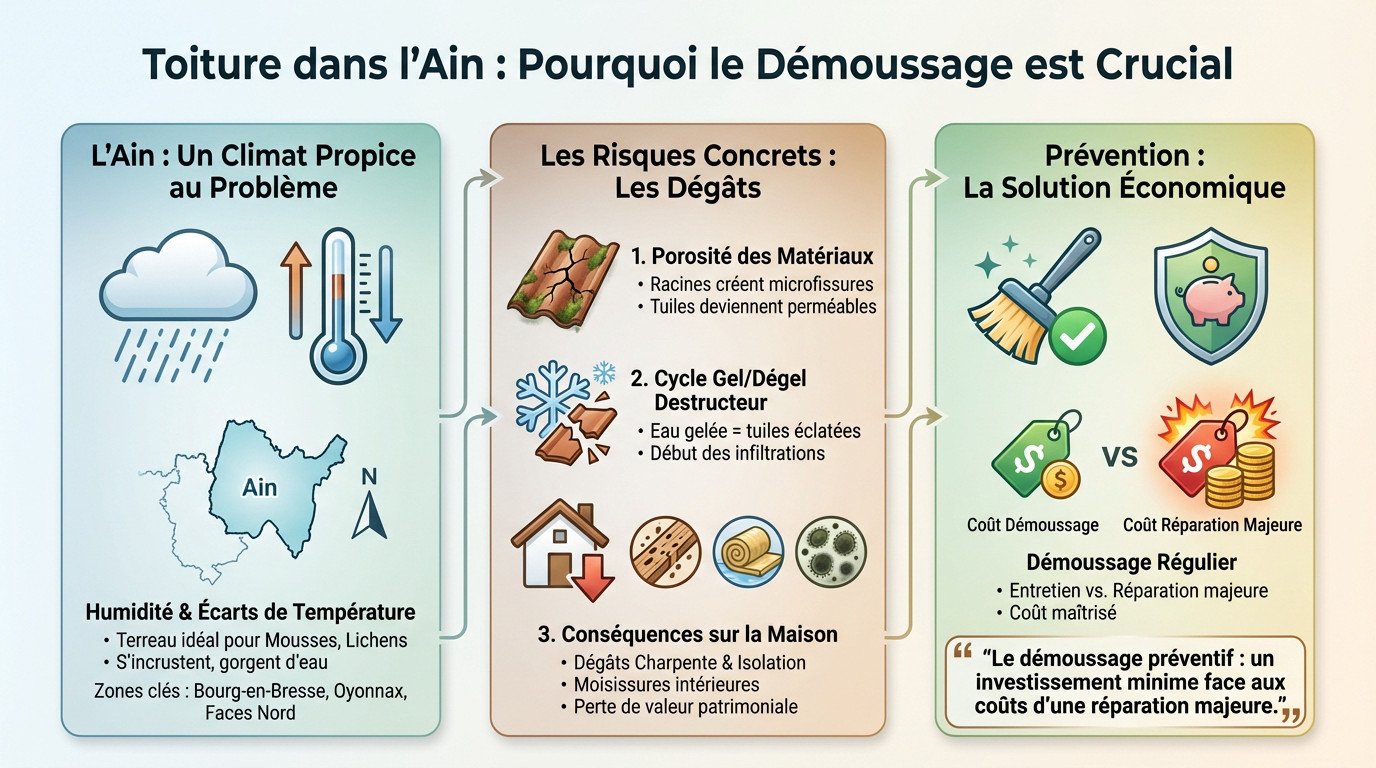 Toiture recouverte de mousse dans l'Ain nécessitant un démoussage professionnel