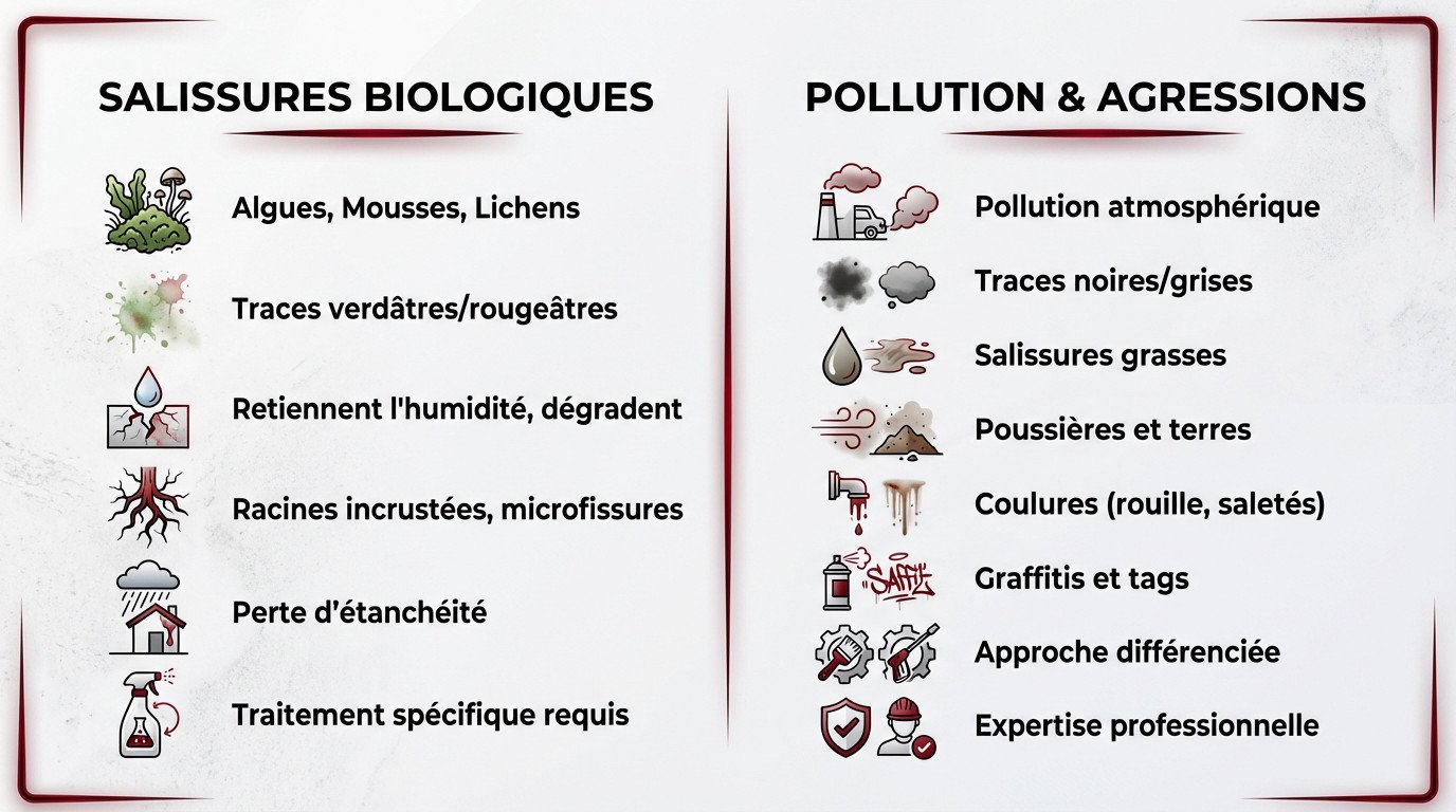 Façade de maison dans l'Ain dégradée par la pollution et les mousses nécessitant un nettoyage professionnel
