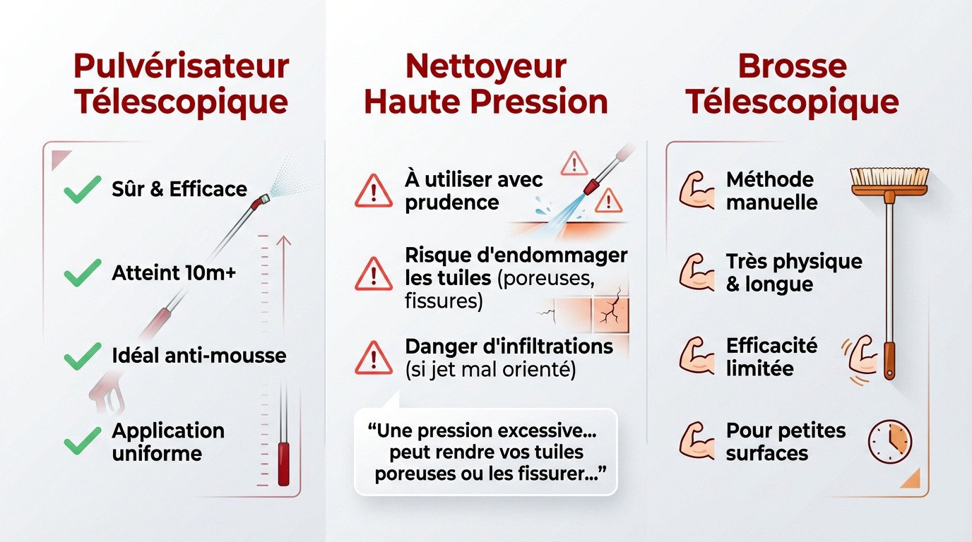 Comparatif des différents outils pour nettoyer une toiture depuis le sol sans échelle
