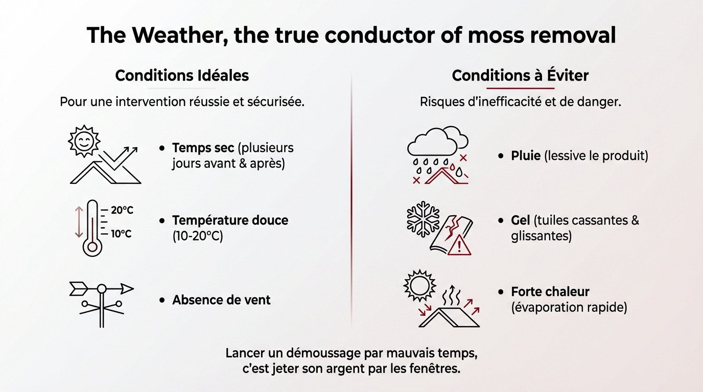 Toiture en cours de nettoyage par temps clair et sec, conditions idéales pour un démoussage efficace