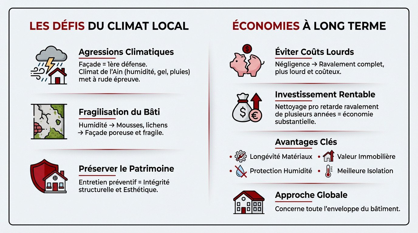 Façade de maison dans l'Ain exposée aux intempéries nécessitant un nettoyage professionnel