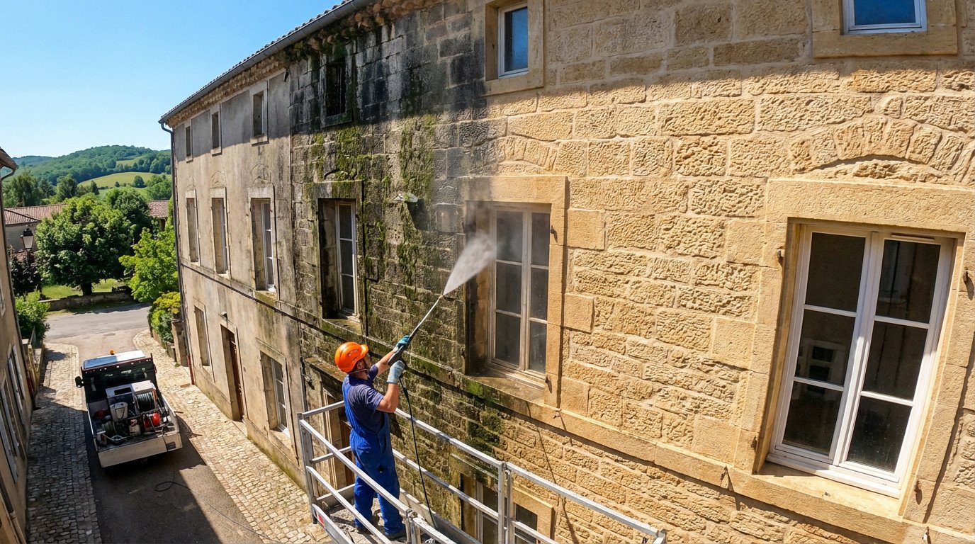 Worker power-washing a stone facade in Ain, France, showing a stark clean/dirty contrast under a blue sky.