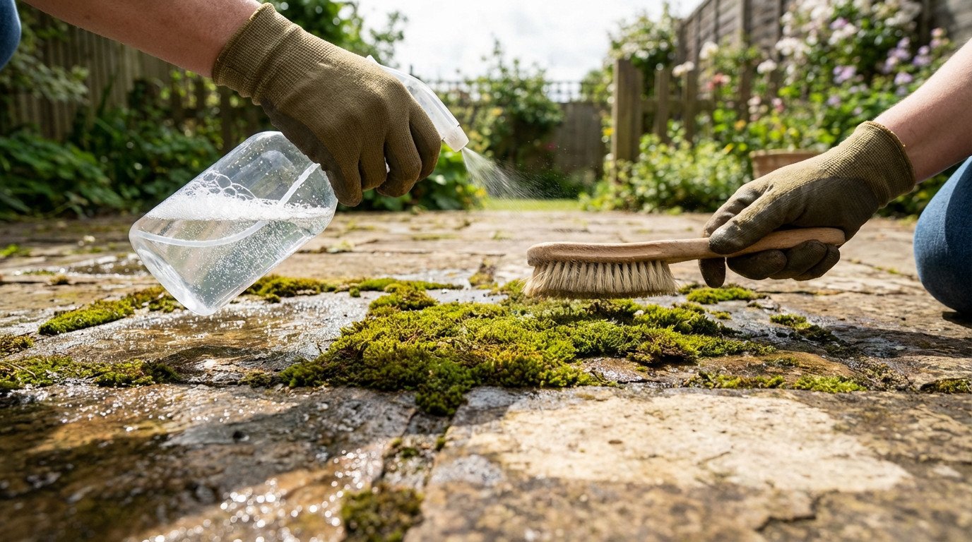 Gloved hands spray cleaning solution onto vibrant green moss on a stone patio, with a soft brush ready to scrub. Outdoor scene.