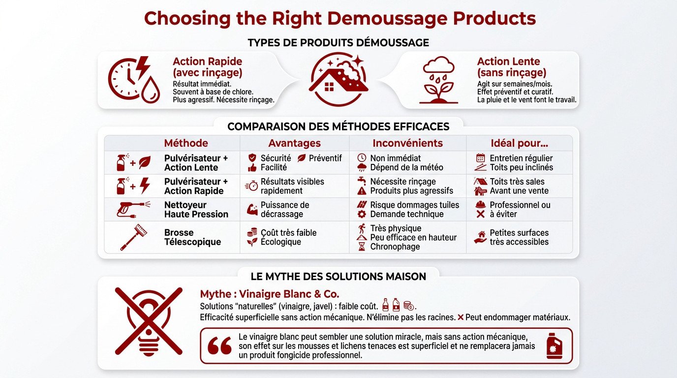 Comparaison des produits de démoussage toiture action rapide et lente