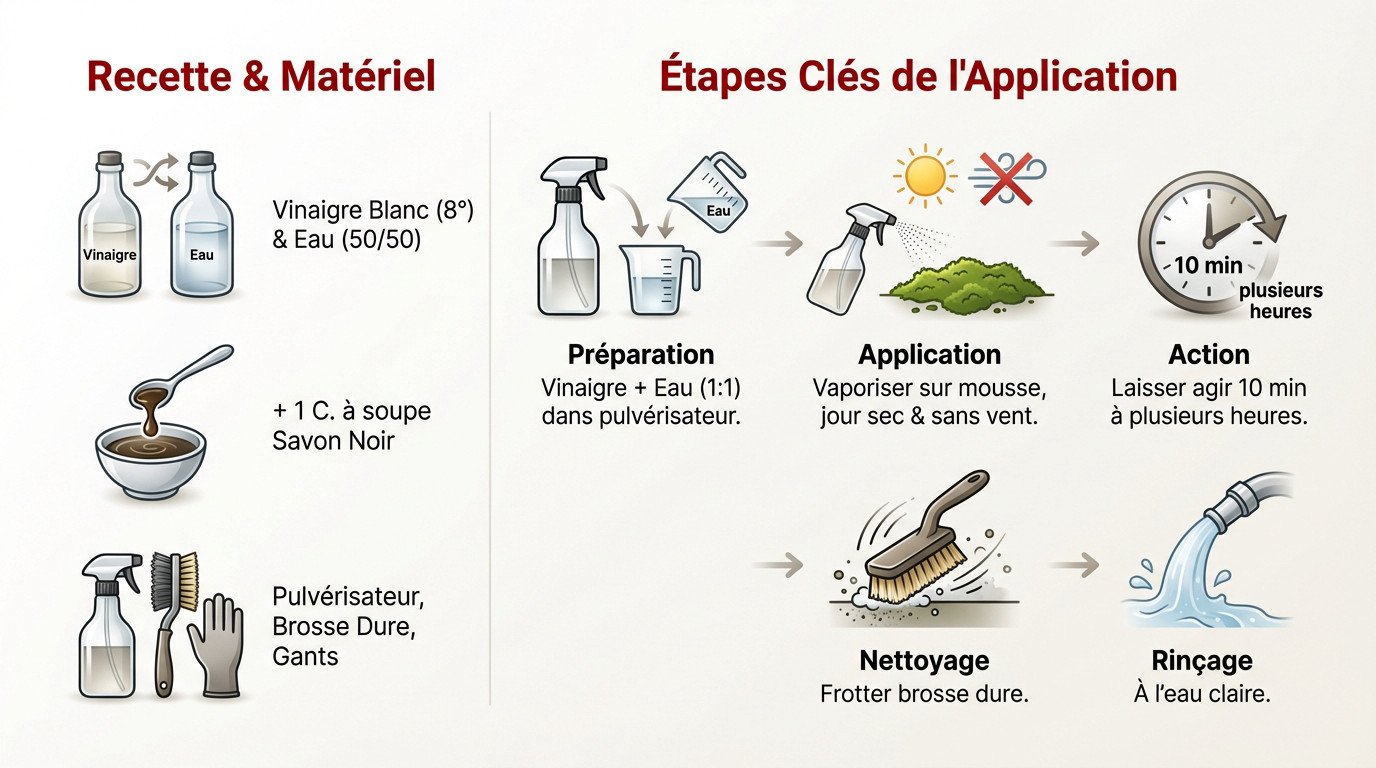 Application de vinaigre blanc sur une terrasse pour éliminer la mousse