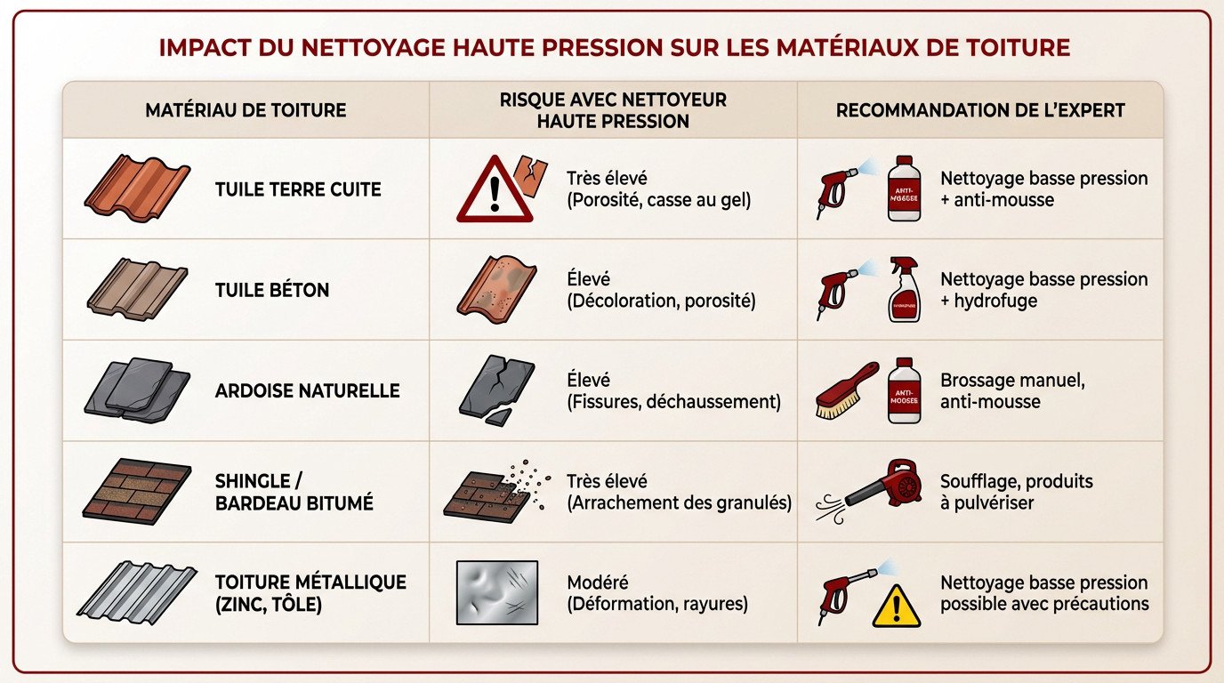 Impact des dégâts causés par un nettoyage haute pression sur des tuiles poreuses