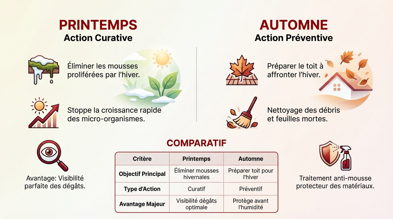 Infographie comparant les actions de démoussage de toiture au printemps et à l'automne