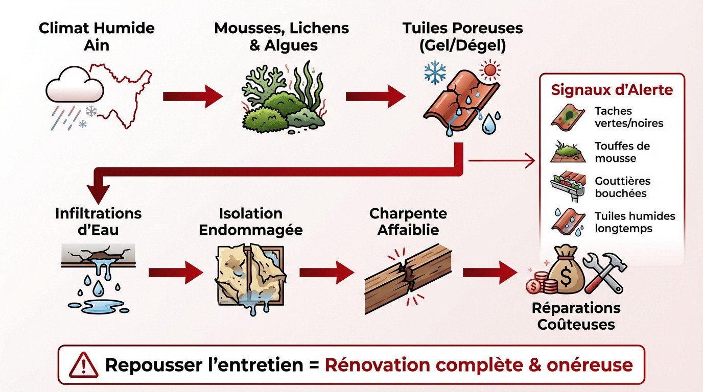 Toiture endommagée par la mousse et l'humidité nécessitant un entretien urgent dans l'Ain