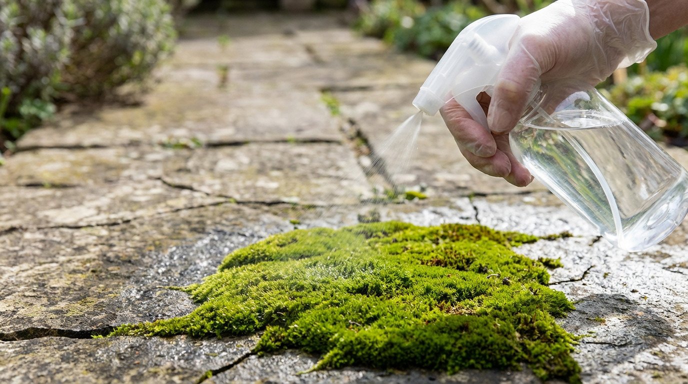 Gloved hand sprays clear vinegar bottle onto vibrant green moss on grey stone patio with a fine mist in natural light.
