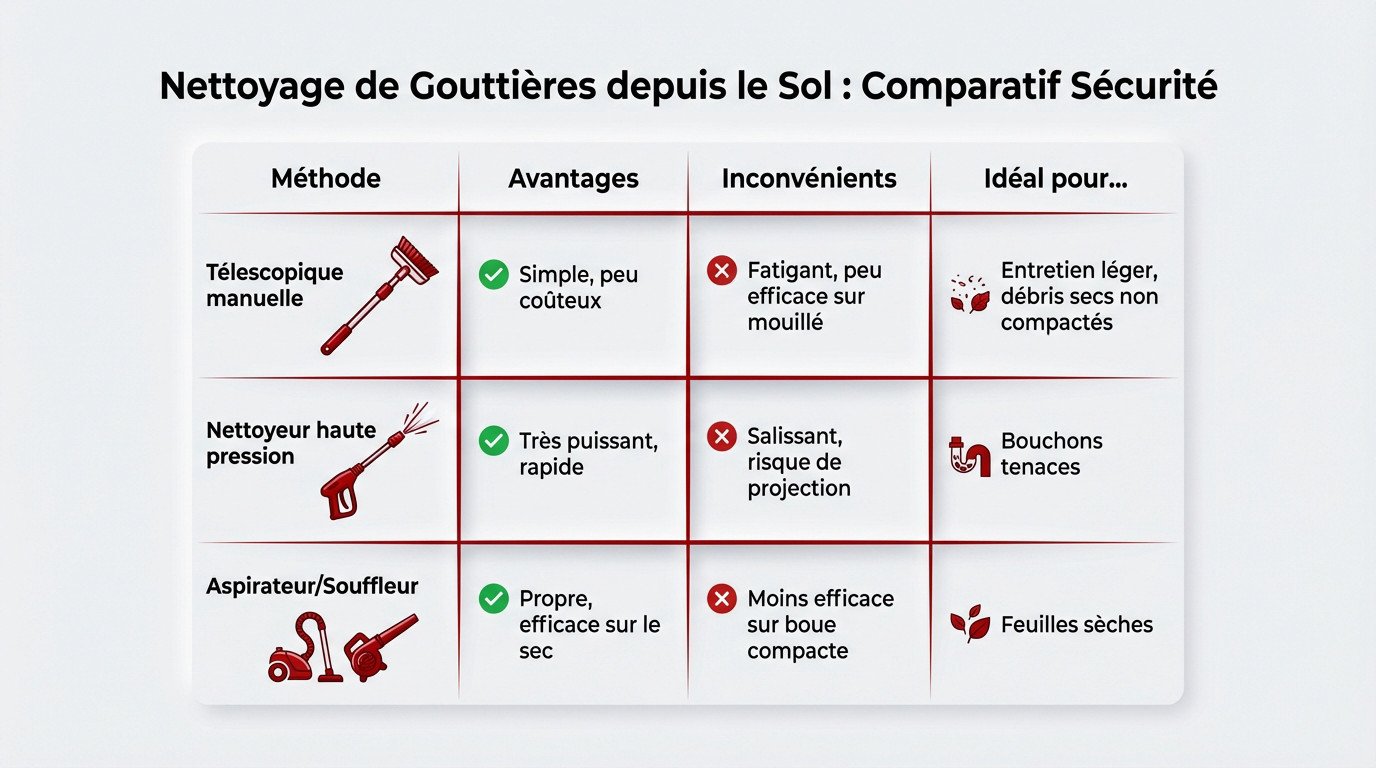 Comparatif des méthodes de nettoyage de gouttières depuis le sol pour une sécurité maximale