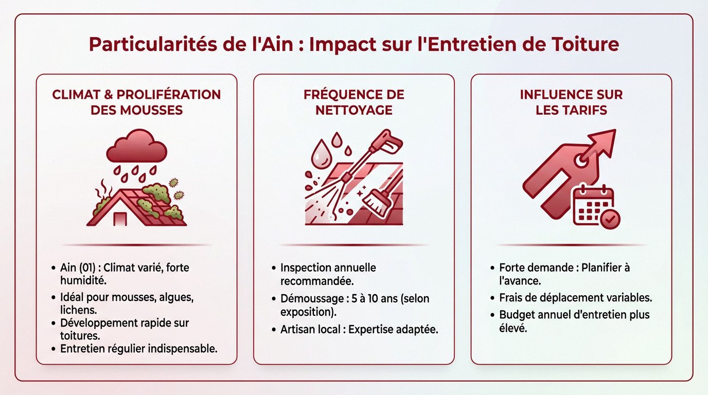 Toiture résidentielle dans l'Ain nécessitant un entretien adapté au climat local