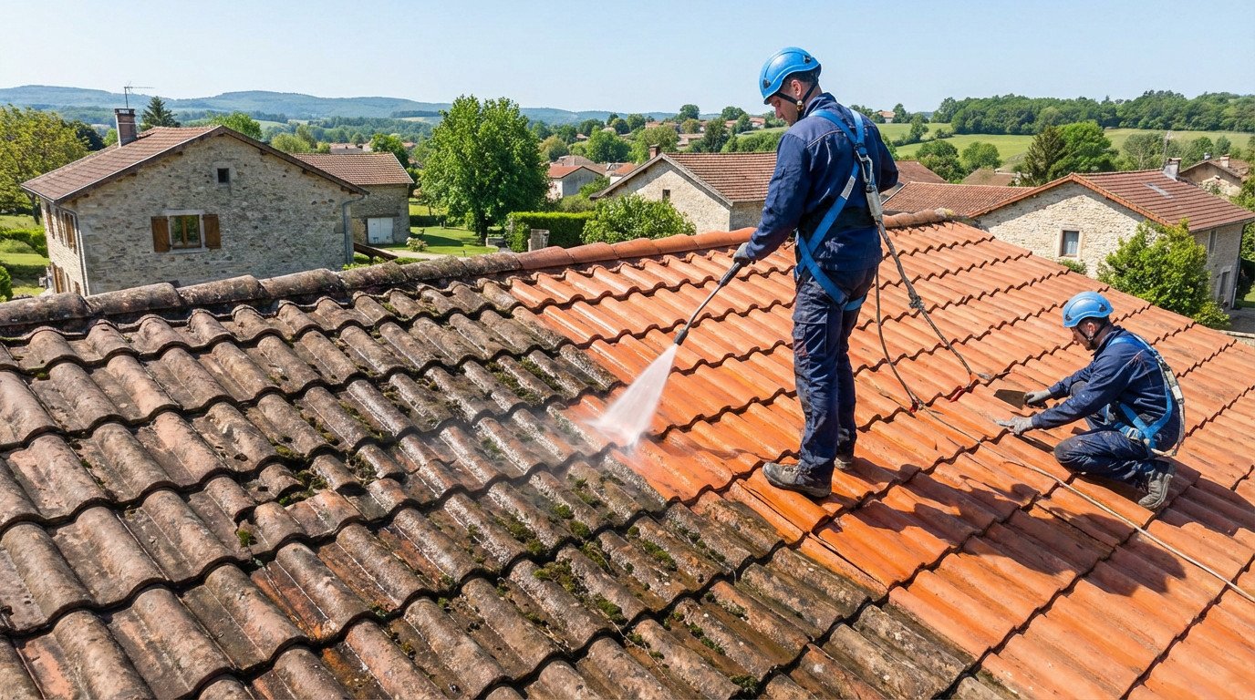 Two workers in safety gear pressure wash a terracotta roof, removing moss and dirt to reveal clean tiles. Rural French landscape in background.