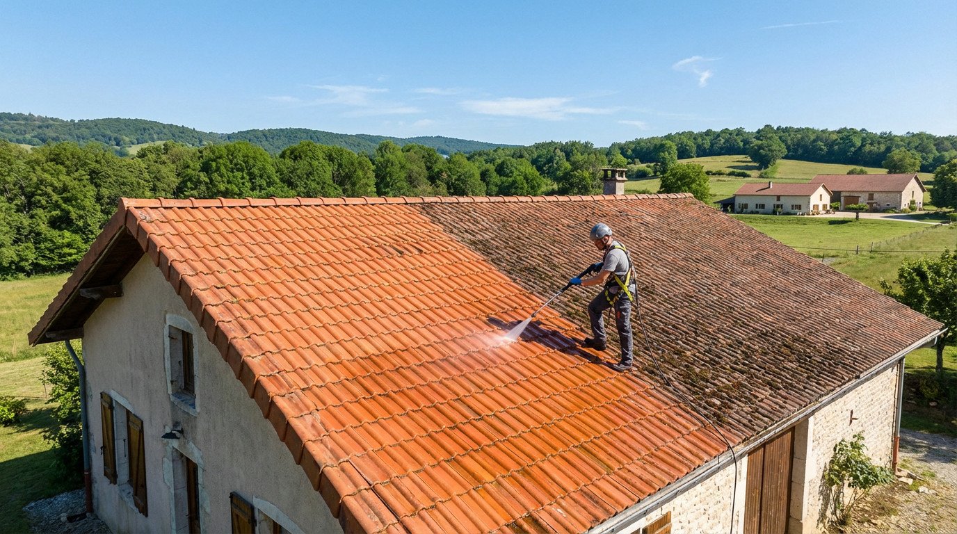 A worker in safety gear pressure washes a terracotta roof on a French house. Half is clean and vibrant, half is mossy, under a sunny sky.