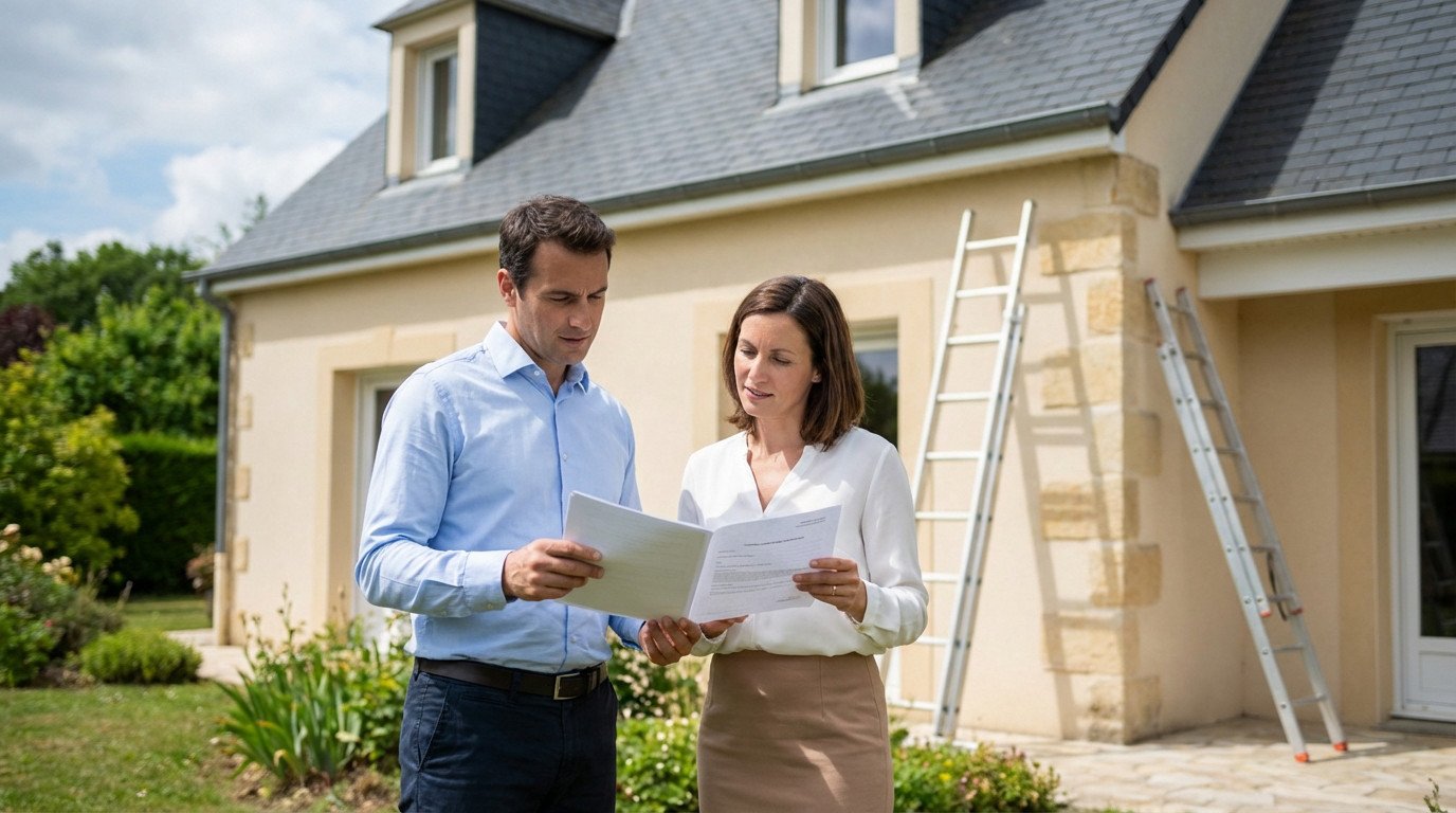 Man and woman review documents in front of a beige French house with a dark roof and ladders, implying property discussion.