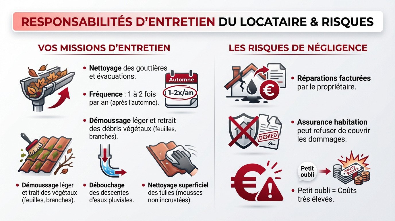 Responsabilités d'entretien de la toiture pour le locataire et risques financiers en cas de négligence