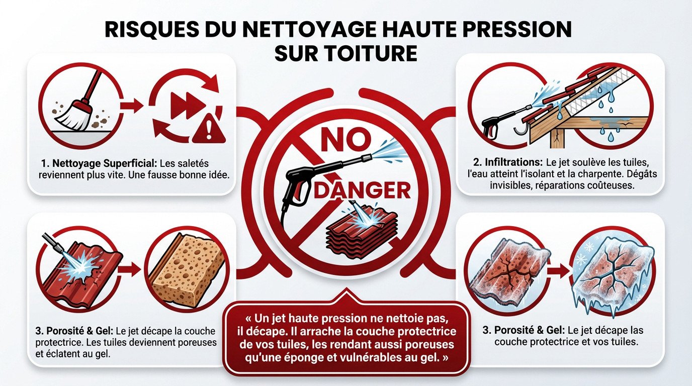 Toiture endommagée par un nettoyage haute pression montrant des tuiles poreuses et fissurées