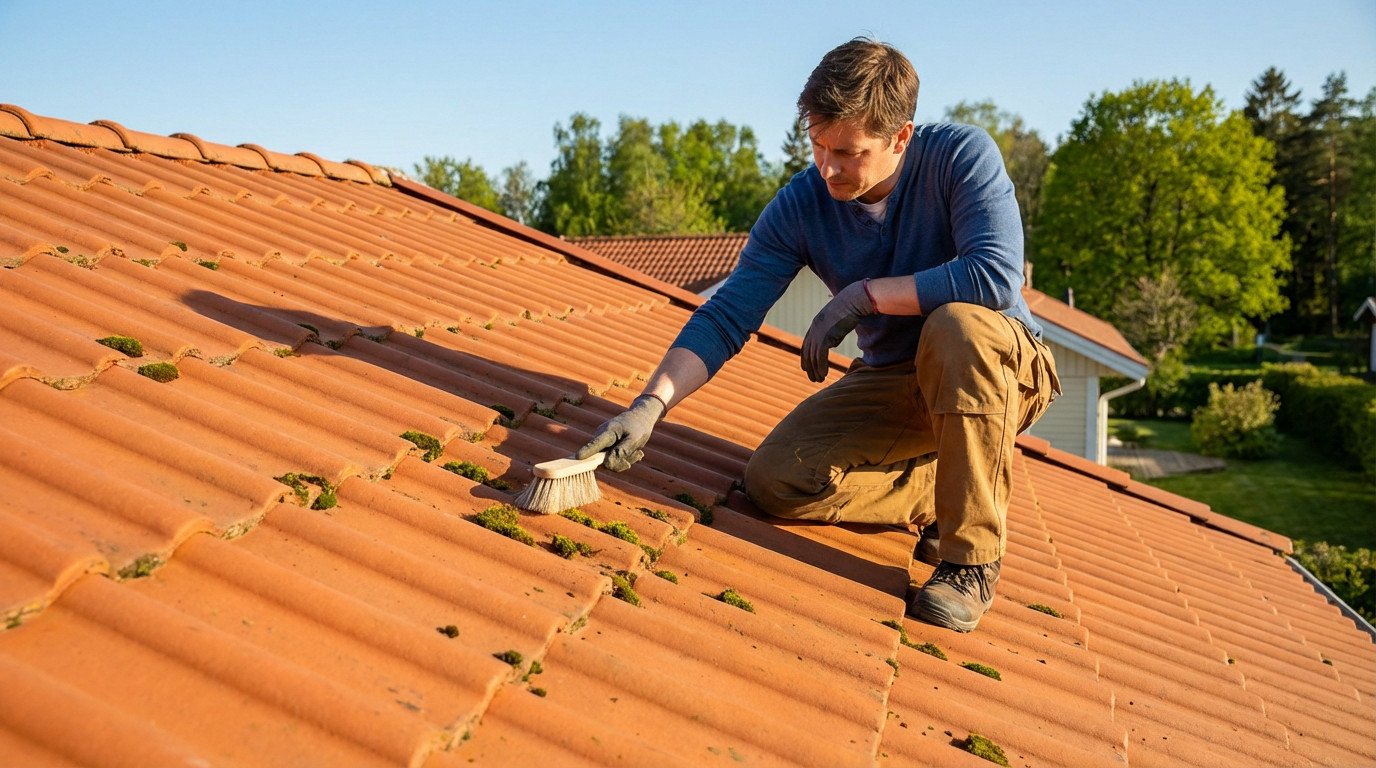 Man in work attire kneeling on a terracotta tile roof, gently brushing green moss with a soft brush. Clear sky, green trees.