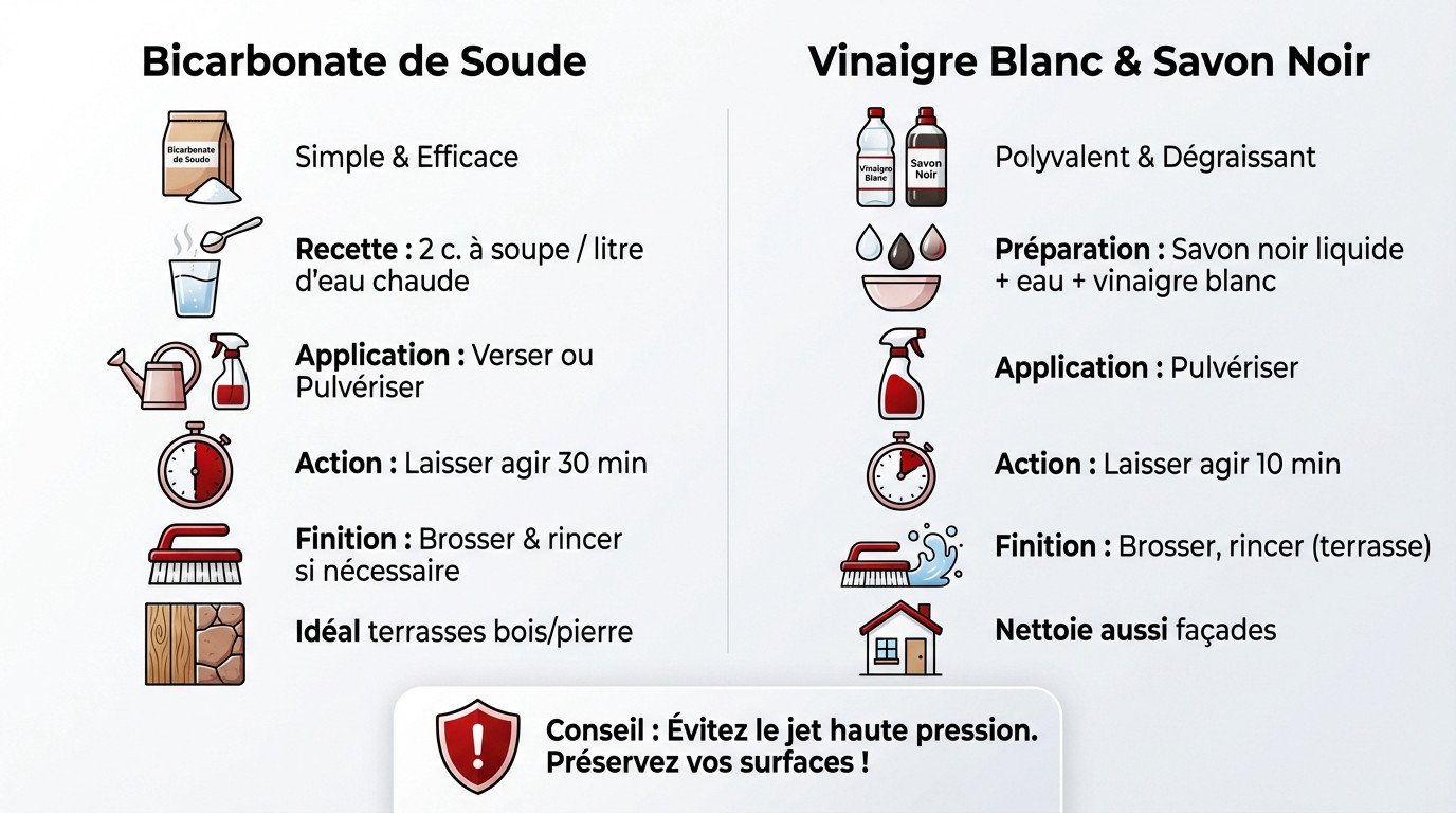 Application de solutions naturelles anti-mousse sur une terrasse extérieure