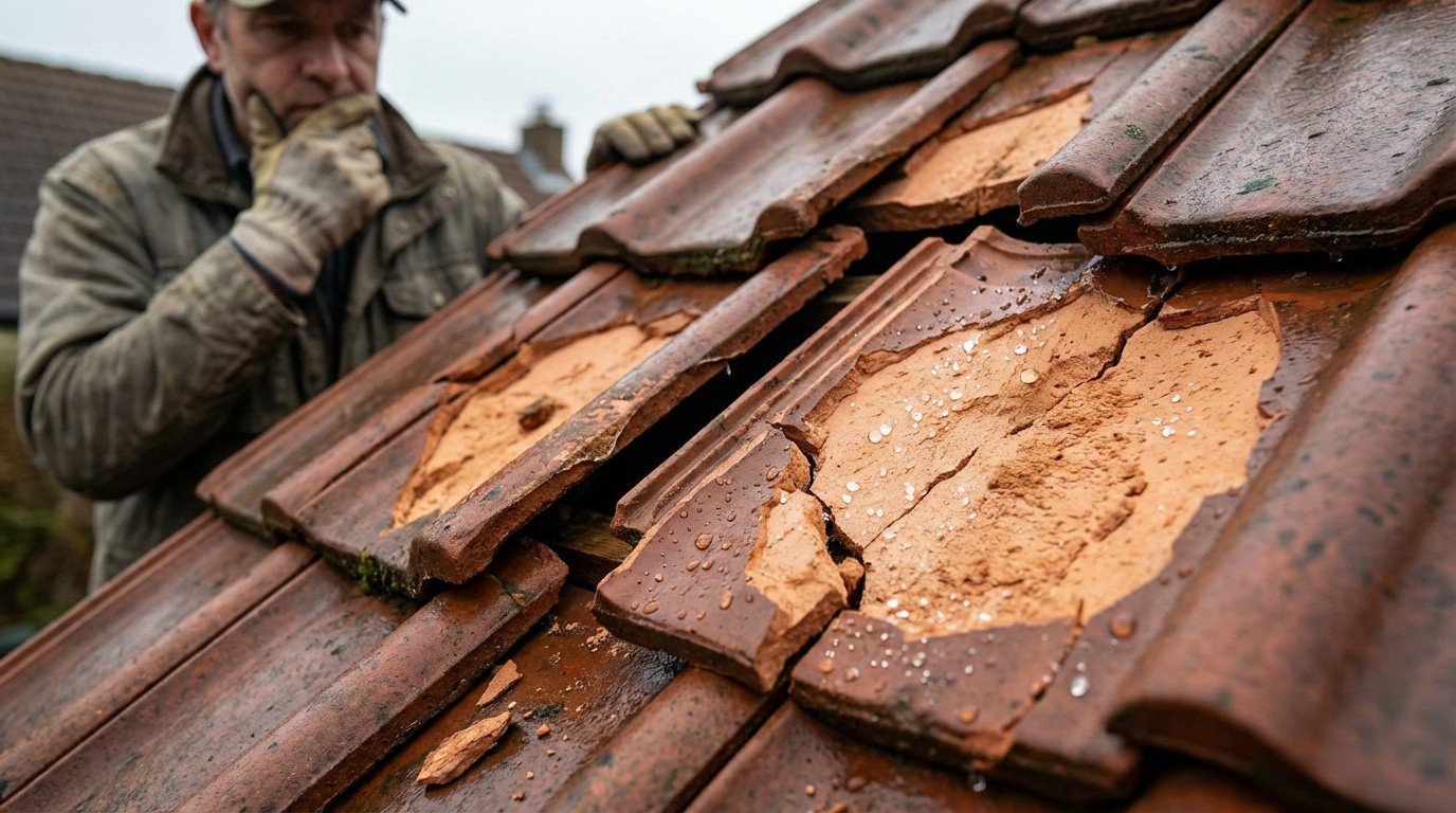 Close-up of severely damaged terracotta roof tiles with cracks, exposed material, and water droplets. A concerned person inspects in the background.