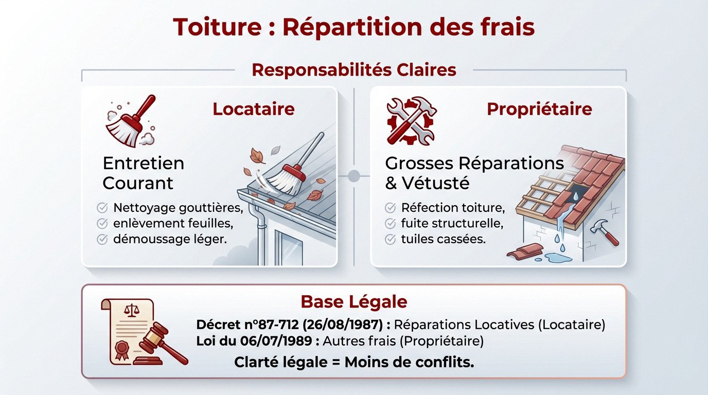Schéma explicatif de la répartition des frais de toiture entre locataire et propriétaire à Bourg-en-Bresse