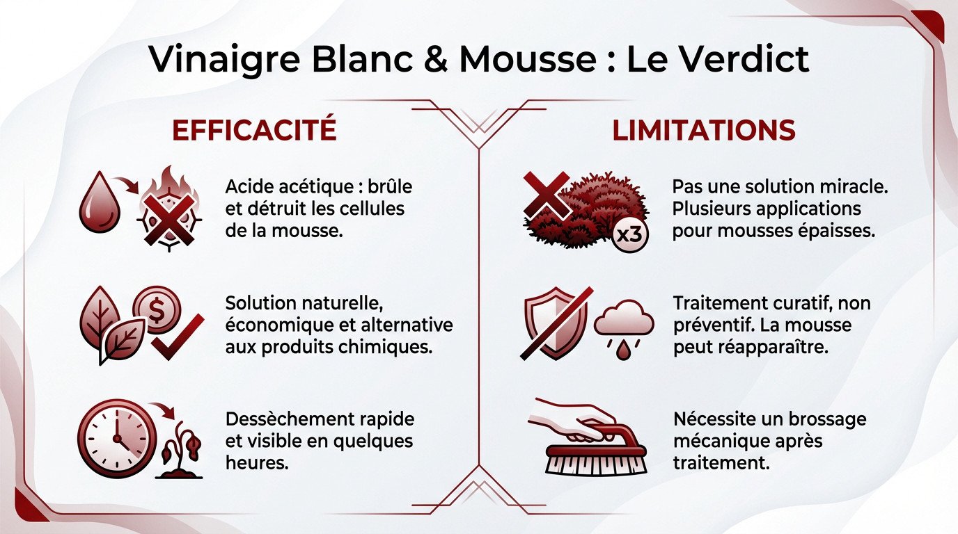 Application de vinaigre blanc sur de la mousse verte incrustée sur une toiture