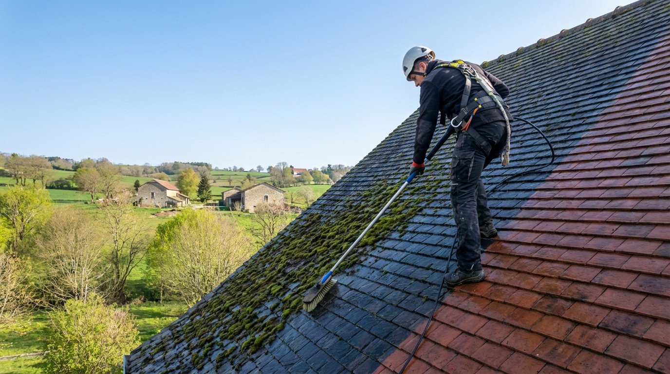 Person in harness cleans a mossy roof with a brush, revealing clean tiles in spring. Rural Ain, France landscape with houses.