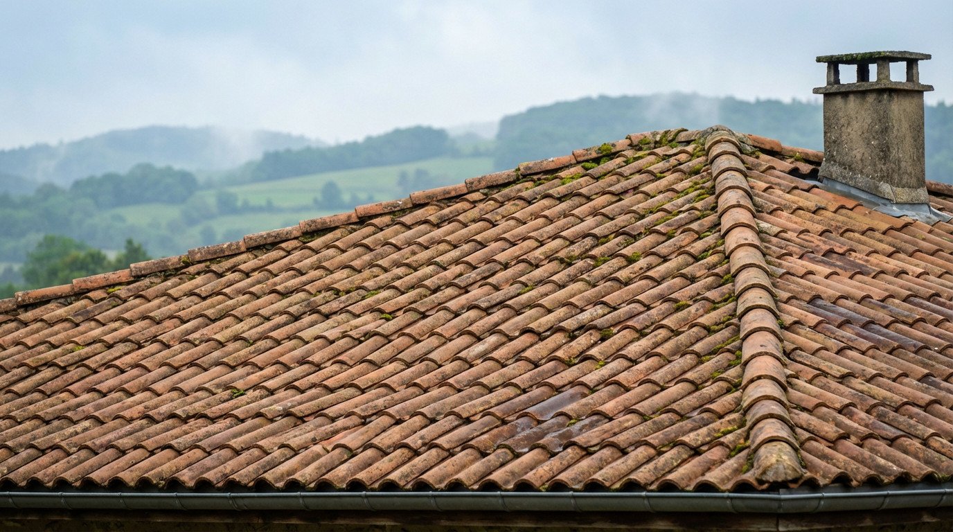 Close-up of a weathered terracotta tile roof with moss, a chimney, and distant misty green hills under an overcast sky in Ain, France.