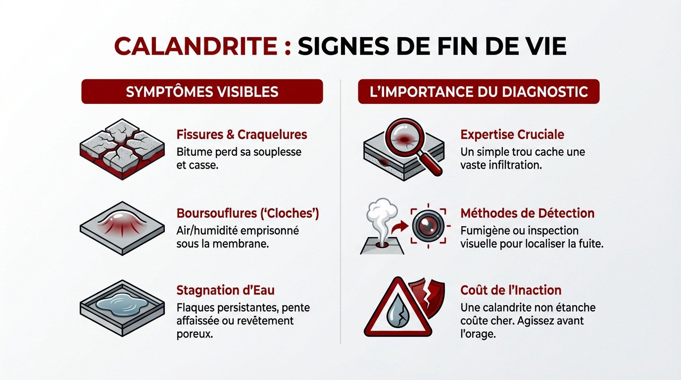Signes visibles de dégradation d'une toiture terrasse en calandrite