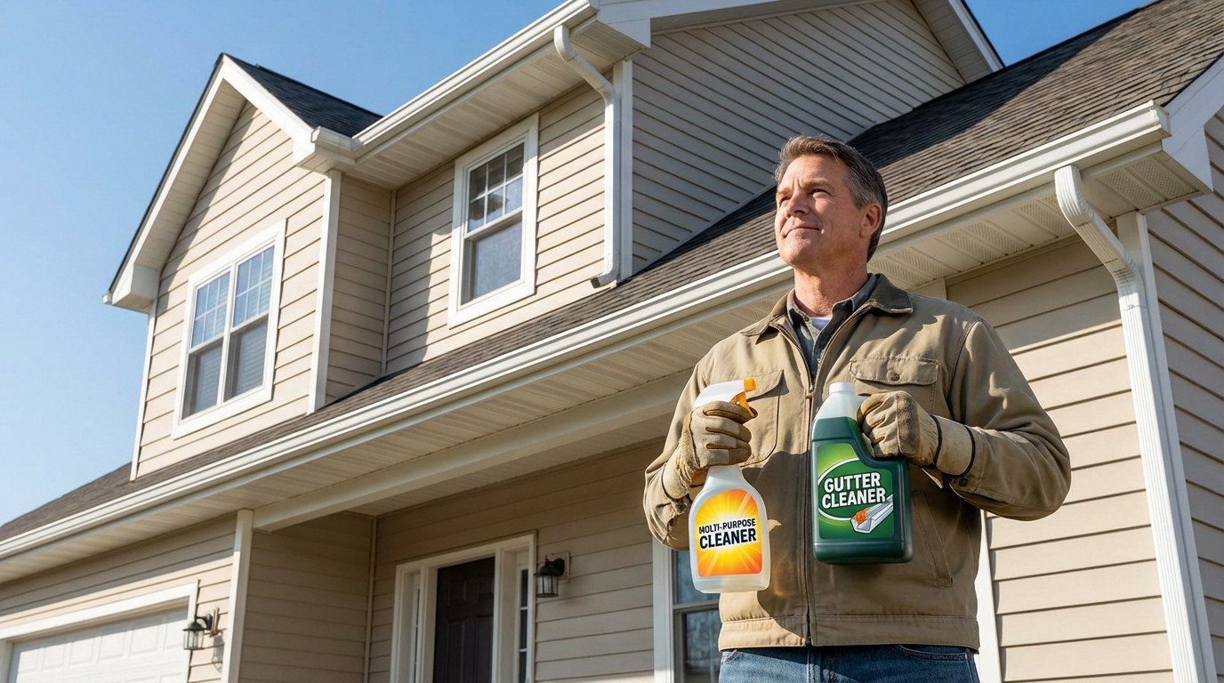 Man in work attire holding 'Multi-Purpose Cleaner' and 'Gutter Cleaner' bottles, looking at clean house gutters under a blue sky.
