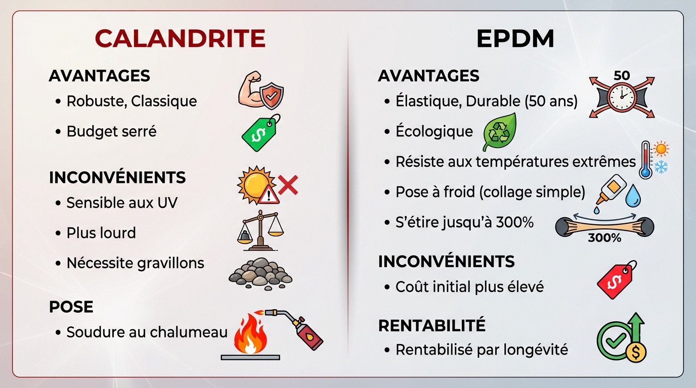Comparaison visuelle entre étanchéité calandrite et membrane EPDM pour toiture terrasse