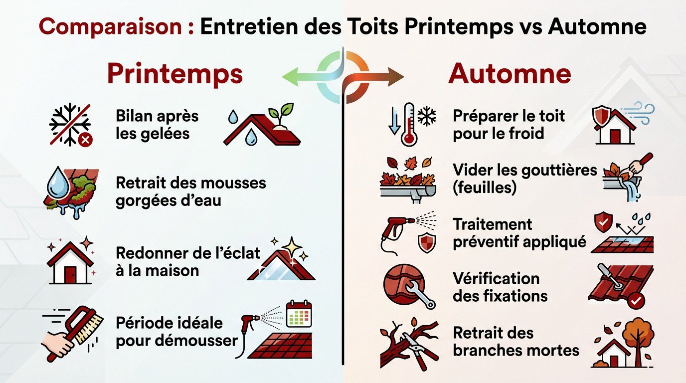 Comparaison des avantages du nettoyage de toiture entre le printemps et l'automne