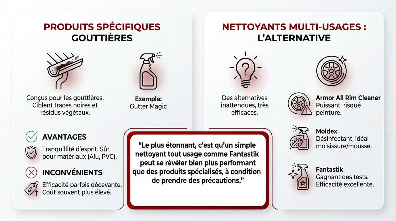 Comparatif efficacité produits nettoyage gouttières : spécifiques vs multi-usages