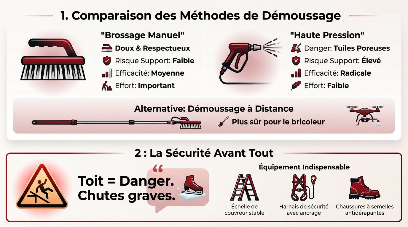 Technicien équipé réalisant un démoussage de toiture en sécurité