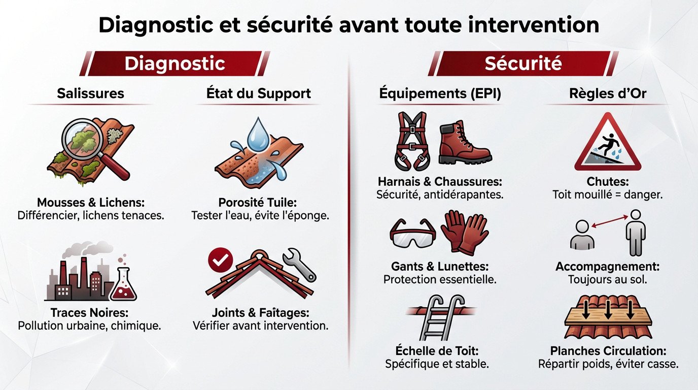 Professionnel inspectant une toiture pour identifier mousses et lichens avant intervention